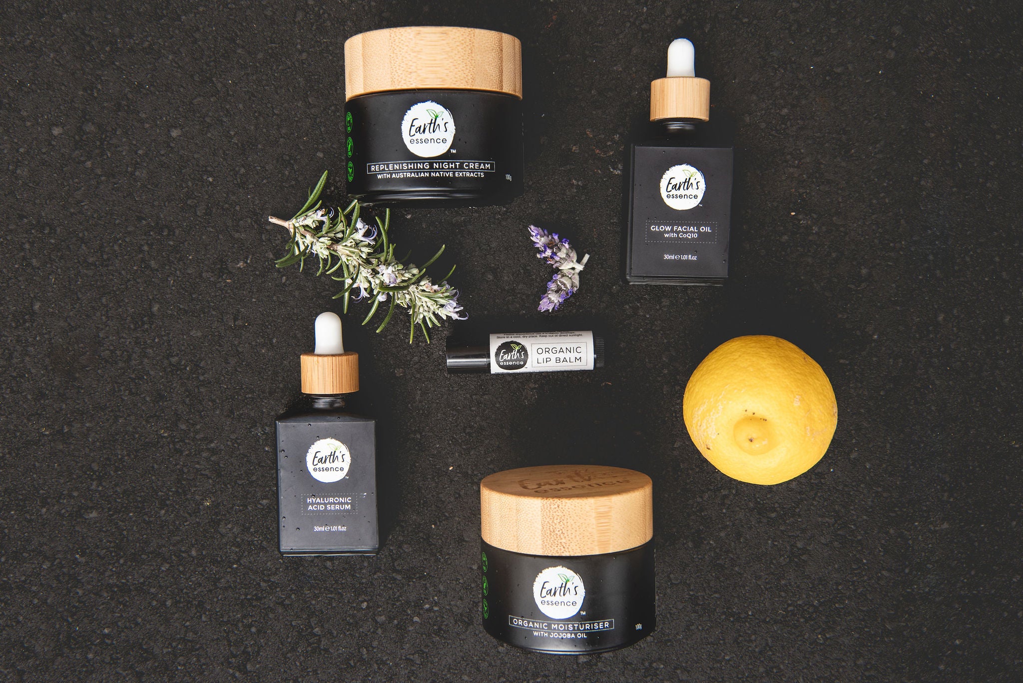 replenishing night cream, hyaluronic acid serum, facial oil, organic lip balm, organic moisturiser