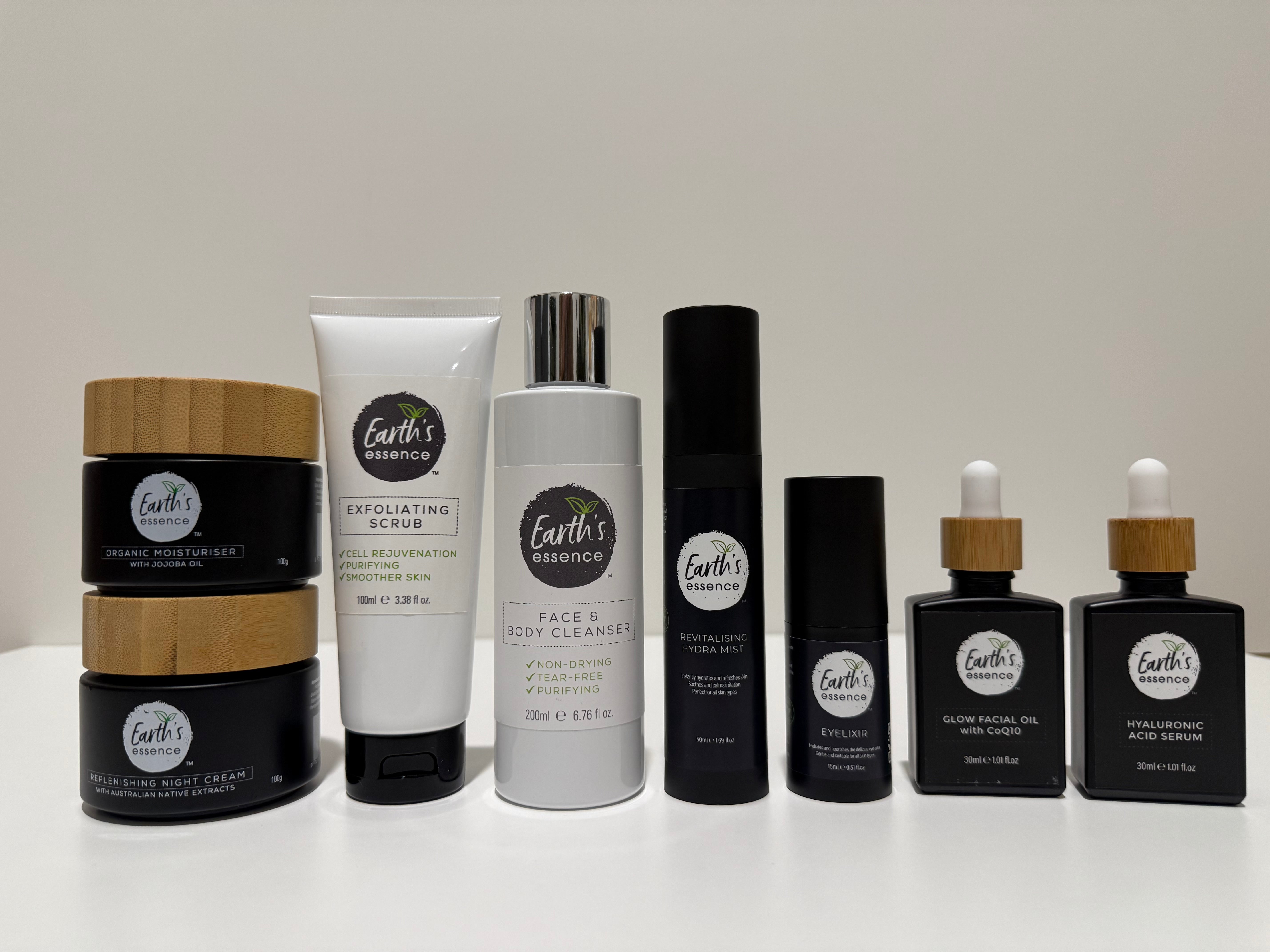 Collection of Earth's Essence skincare products on a white background
