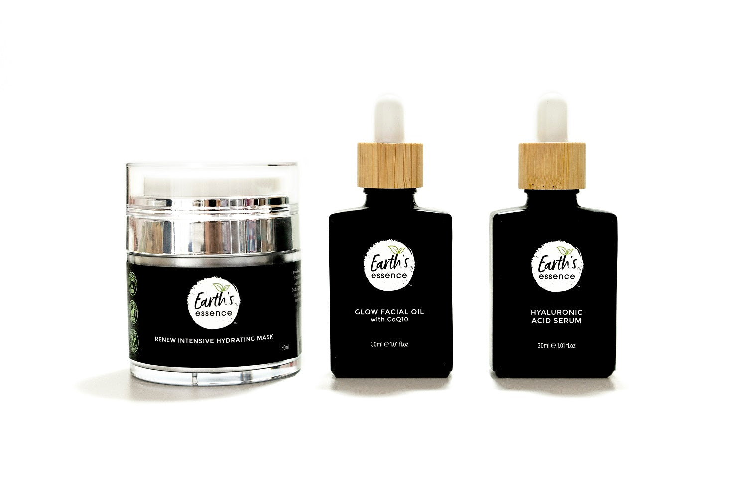 Earths Essence ultimate skincare bundle with Glow Facial Oil, Hyaluronic Acid Serum, and Renew Intensive Hydrating Mask